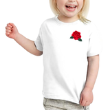 Roos Strijk Applicatie Patch Embleem Rood op een wit t-shirtje
