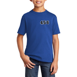 Cijfer Nummer Strijk Patches Embleem Wit Zwart 4,5,6, op een blauw t-shirt