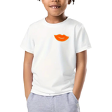 Mond Paillette Strijk Embleem Patch Oranje op een wit t-shirtje