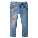 Drie maal de Mond Paillette Strijk Embleem Patch Oranje op een kleine spijkerbroek