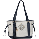 Tribal Paillette Zilver Grijs Sequins Cosplay Strijk Embleem Patch op een grijs canvas tas