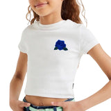 Roos Strijk Applicatie Patch Embleem Blauw op een wit t-shirtje