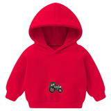 Tractor Trekker Strijk Embleem Patch Donker Groen op een kleine rode hoodie