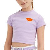 Mond Paillette Strijk Embleem Patch Oranje op een lila shirtje