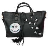 Acht maal de Ster Strijk Embleem Applicatie Patch Zilver op een zwarte tas samen met een paillette smiley strijk patch