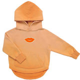 Mond Paillette Strijk Embleem Patch Oranje op een licht oranje hoodie