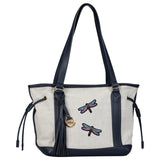 Twee maal de Libelle Insect Strijk Embleem Patch op een canvas handtas