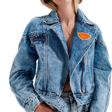 Mond Paillette Strijk Embleem Patch Oranje op een spijkerjack