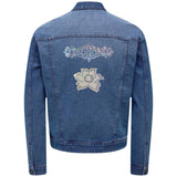 Roos Rozen Paillette Strijk Embleem Patch Wit samen met een andere witte strijk patch met zilverkleurige paillette op de rugzijde van een spijkerjack