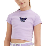 Paars Lila Zwarte Vlinder Strijk Embleem Patch op een lila t-shirtje