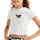 Vlinder Strijk Embleem Patch Donkergroen Zwart op een wit t-shirte