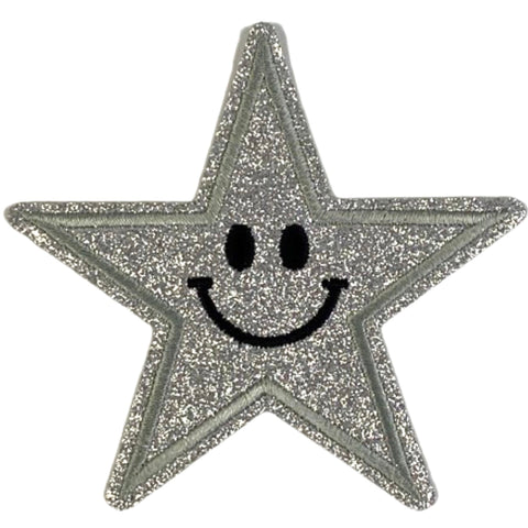 Smiley Ster Strijk Embleem Patch Glitter Zilver