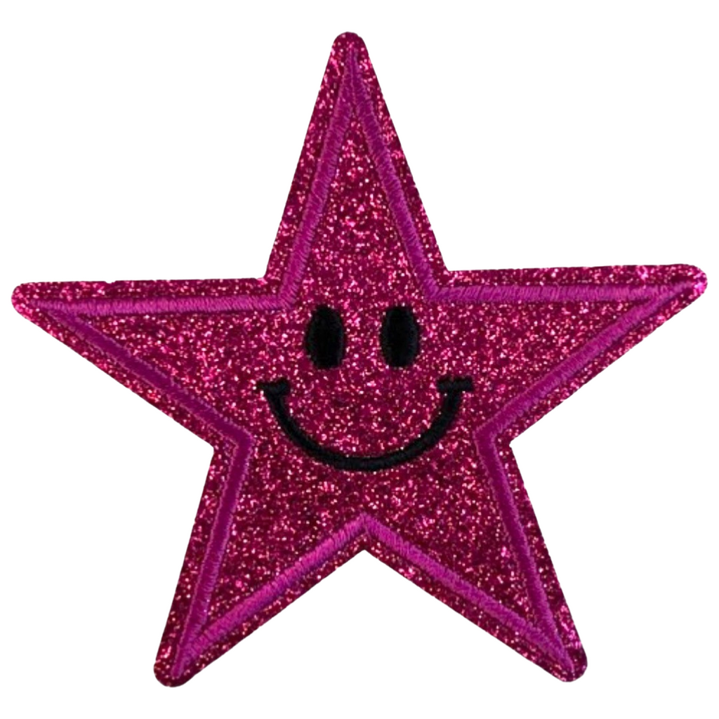 Smiley Ster Strijk Embleem Patch Glitter Donker Roze