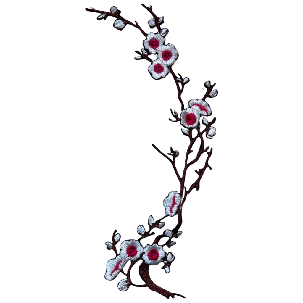 Bloesem Bloemen Tak Strijk Embleem Patch Wit Fuchsia