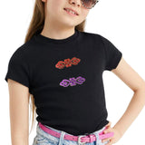 Tribal Paillette Paars Cosplay Sequins Strijk Embleem Patch samen met de rode variant op een zwart t-shirtje
