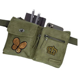 Kroon Strijk Embleem Applicatie Patch samen met een paillette vlinder strijk patch op een klein groen heuptasje