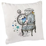 Voorbeeld van de Vintage Blauwe Stoel Zetel Strijk Applicatie op een wit / ecru  sierkussen