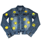 Ronde Gele Emoji Smiley Strijk embleem Patch Wijsvinger samen met elf andere emoji strijk patches op een spijkerjasje