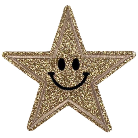 Champagne Goud Kleurige Smiley Glitter Ster Strijk Embleem Patch