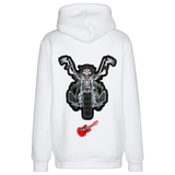 Gitaar Strijk Embleem Patch Rood samen met een XXL strijk patch van een motor op de. achterzijde van een witte hoodie