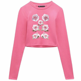 Roos Wilderozen Bloemen Full Color Strijk Applicatie op een roze longesleeve