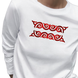 Twee maal de Cosplay Sequins Venetiaans Kant Strijk Applicatie Patch Rood op een witte longsleeve