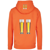 Bier Bierglazen Duo Tekst Strijk Applicatie Large samen met de kleine variant op de rugzijde en capuchon van een oranje hoodie
