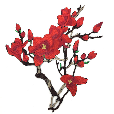 Magnolienblüten-Blumenzweig XL-Emblem-Aufnäher zum Aufbügeln, Rot
