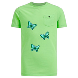 Drie maal de Vlinder Strijk Embleem Patch Groen op een lichtgroen t-shirtje