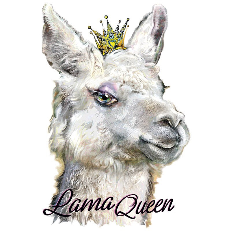 Een Applicatie van een witte lama met een klein gouden kroontje en Lama Queen Tekst