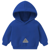 Waarschuwingsdriehoek Strijk Embleem Patch Reflecterend op een kleine blauwe hoodie