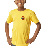 Donut Fun Doos Strijk Embleem Patch op een geel t-shirtje