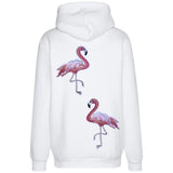 Roze Flamingo XXL Strijk Embleem Patch Links samen met de rechter variant op de rugzijde van een witte hoodie