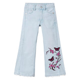 Bloesem Bloemen Vlinder Strijk Embleem Patch Set Roze op de broekspijp van een spijkerbroek