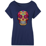 Sugar Skull Schedel XL Strijk Embleem Patch op een donkerblauw t-shirt