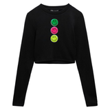 Paillette Smiley Strijk Embleem Patch Set 3 stuk op een zwarte longsleeve