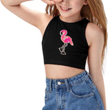 Flamingo Paillette Strijk Embleem Patch Small op een zwart topje