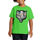 Wolf Groen Ogen XXL StrijkEmbleem Patch op een groen t-shirtje