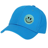 Smiley Emoji Strijk Embleem Patch Blauw Glitter op een blauwe cap