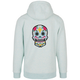 Sugar Skull Doodskop XL Strijk Embleem Patch op de rugzijde van een lichtblauwe hoodie