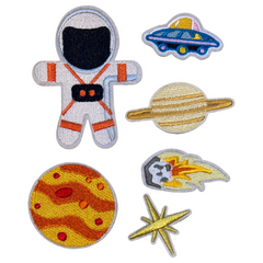 6-teiliges Aufnäher-Set zum Aufbügeln, Rakete, Planet, UFO, Astronaut, Stern, Raumfahrt