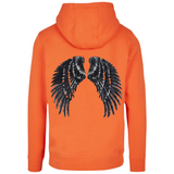 Vleugel Paillette XXL Strijk Embleem Patch Set Zwart op de achterzijde van een oranje hoodie