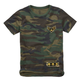 Military Camouflage Rangstrepen Embleem Strijk Patch op een shirtje met camouflage print