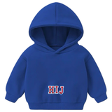 Voorbeeld van de Alfabet Letter Embleem Strijk Patch Rood Wit op een kleine blauwe hoodie