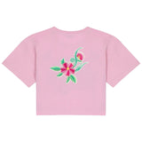 Bloem Bloemen Tak Strijk Embleem Patch op een roze t-shirtje