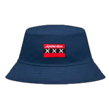 Amsterdam Tekst Vlag Wapen Strijk Embleem Patch op een blauwe Bucket Hat