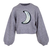 Banaan Reversible Paillette Strijk Embleem Patch op een grijze sweater