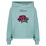 Pioen Roos Bloem Bloemen Strijk Embleem Patch op een blauw groene sweater