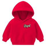 Oops Comic Style Comicbook Tekst Strijk Embleem Patch Beige op een kleine rode hoodie