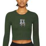 Poes Kat Reversible Paillette Strijk Embleem Patch Zwart Zilver op een groene longsleeve